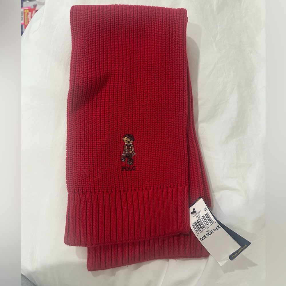 Ralph Lauren kids girls Polo bear teddy bear Red Knit Scarf one size 4/6x